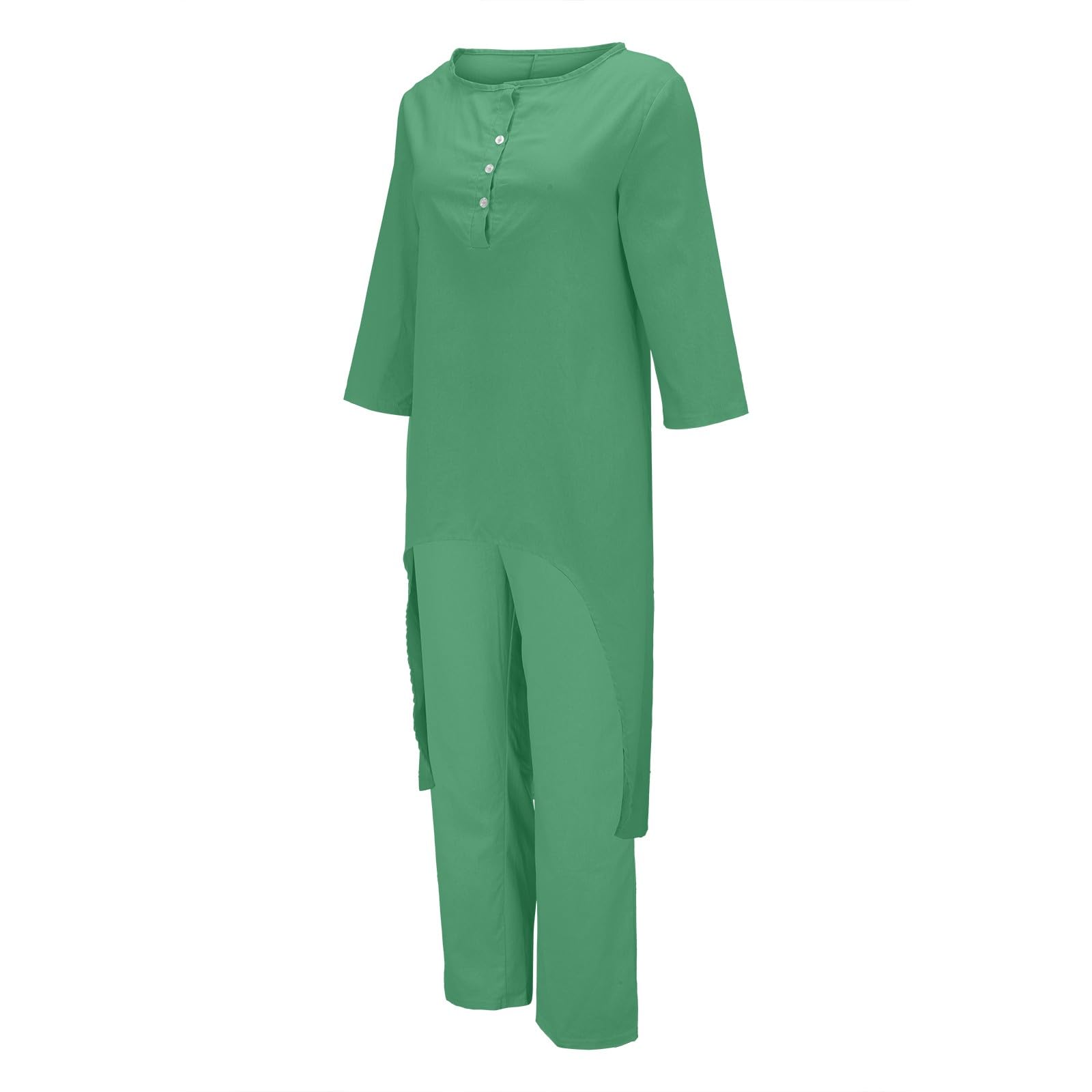 Combinaison d'intérieur pour femme - Grandes tailles - Couleur unie - En coton - Chemisier à col rond et pantalon large - Combinaison de loisirs légère et ample avec ourlet haut - Tenue longue de