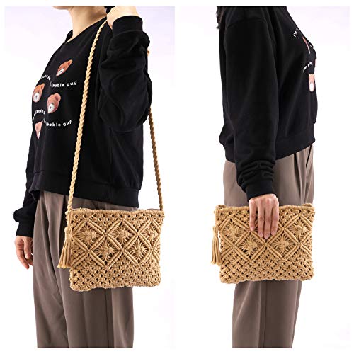 Ayliss Women's Handwoven Crossbody Handbag Summer Beach Shoulder Handbag Cotton Crochet Woven Handmade Purse Bag Tassel (Khaki) #TOP2