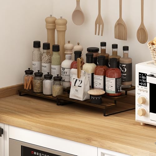 Image of Furinno RAVEL Kitchen Countertop Organizer Set of 2, 3-Tier Counter Shelves, Kitchen Storage, Expandable, Spice Rack, for Pantry, Coffee Bar, Amber Pine