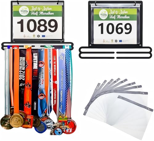 MEIHAOME Race Bib and Medal Display Hanger - Holds 40+ Medals & 100 Race Bibs with Flip Vinyl Sleeves, Running Bib Holder, Send to Great Gift for Marathoner, Swimmer athletes and Disabled athletes