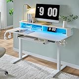 RedLemon 48Inch Gaming Desk, Electric Standing Desk with Height Adjustable, Power Outlets, LED Lights, Keyboard Tray, and Monitor Shelf, Stand Up Computer, White