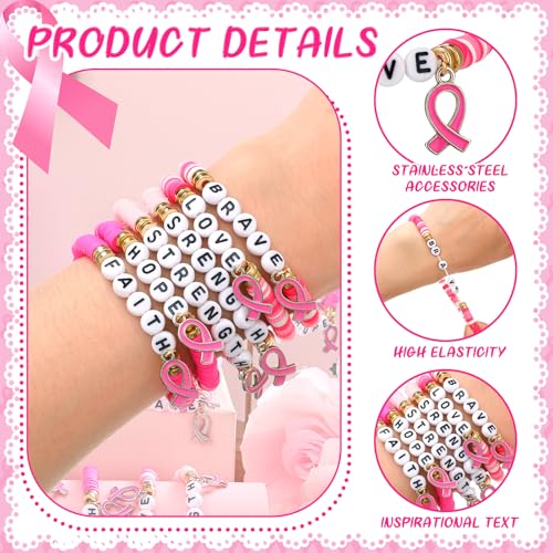 24 Pcs Pink Ribbon Charm Breast Cancer Awareness Bracelets Bulk Breast Cancer Awareness Accessories Polymer Clay Letter Beaded Stretch Bracelets Survivor Gifts for Women Encouragement Items3
