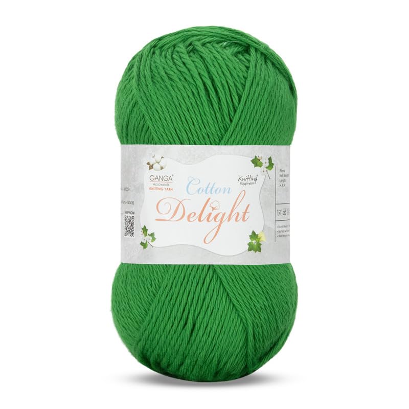 Image of Ganga Acrowools Cotton Delight, Dk Weight Cotton Yarn, Oekotex Class L Certified 100G, 169M, Pack of 1 Ball - 100gm Each, Shade No. - COD090 Leaf Green