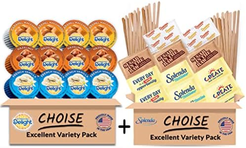 Sugar & Sweetener Assortment & Coffee Creamer Singles Variety Packets Packaged by CHOISE - Wooden Coffee Stirrers, Perfect for Home, Office, Coffee, Bar, Gift, (372 pcs) Pack
