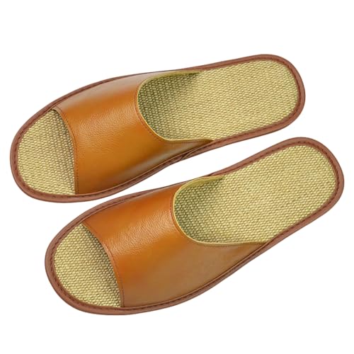 Image of Hwayslon Leather Slippers Men's Women's Leather Room Shoes Natural Cowhide Luxury Solid Color Unisex