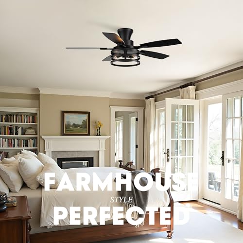 Image of 42 Inch Flush Mount Ceiling Fans with Lights and Remote Control, Farmhouse Ceiling Fan with LED Lighting for Bedroom Living Room and Patio, Black Caged Ceiling Fan for Indoor and Outdoor(NO Bulbs)