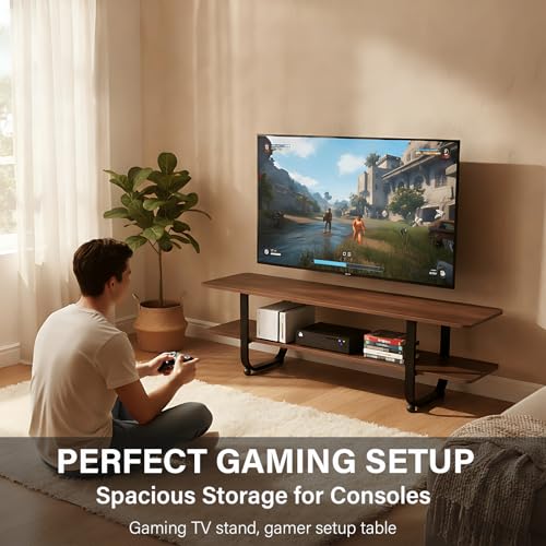 Image of Tiita Walnut Bamboo TV Stand for 65-Inch TVs, 2 Open Shelves, Media Console