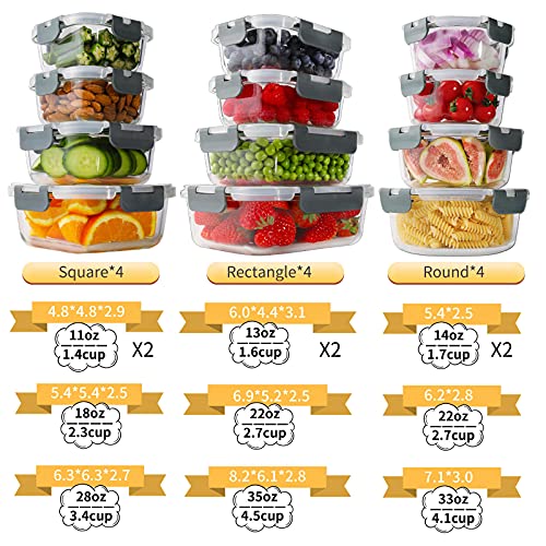 Bayco 24 Piece Glass Food Storage Containers with Lids, Glass Meal Prep Containers, Airtight Glass Lunch Bento Boxes, BPA Free & Leak Proof (12 lids & 12 Containers) - Grey - Thumbnail 2