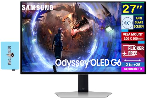 Image of Samsung 27 inch Odyssey OLED G6 QHD Gaming Monitor 360Hz Display with Anti-Glare, Flicker Free, VESA Mount (100mm) & Dockztorm USB Port Expander, DisplayPort, HDMI, Silver (LS27DG602SNXZA)