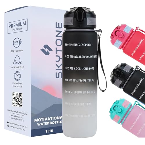 Image of SKYTONE Water Bottle 1 Litre with Motivational Time Marker For Adults, Non-Toxic Water bottle for office, Water botle for gym, Running Sports Water Bottles