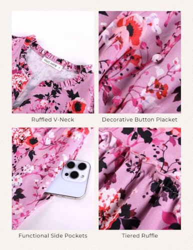 Image of GRACE KARIN Women's Floral Maxi Dress 2026 Fall Long Sleeve V Neck Empire Waist A Line Flowy Dress with Pocket