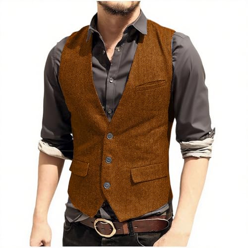 Men's Herringbone Tweed Suit Vest Vintage Button Down V Neck Blazer Formal Wool Blend Waistcoat for Groomsman
