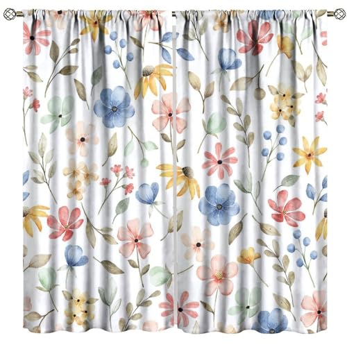 AuiMzoo Retro Watercolour Floral Curtains, Cute Bohemian Wildflowers and Trendy Plant Leaves, Blackout Curtains for Bedrooms, Living Rooms and Kitchens.