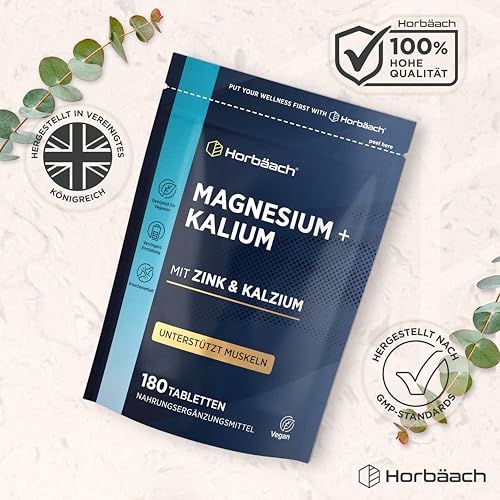 Magnesium Kalium Komplex mit Calcium Zink | 6 Monate Vorrat - 180 Vegane Tabletten | Hochdosiert | Basenpulver Tabletten | von Horbaach