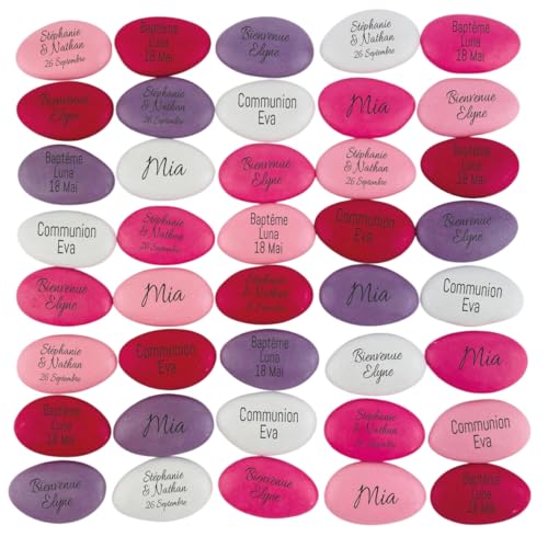 Dragées chocolat personnalisées avec votre texte 400g - Variation de rose, mauve, fuschia et blanc - pas cher - environ 150 dragées 71% de cacao -...