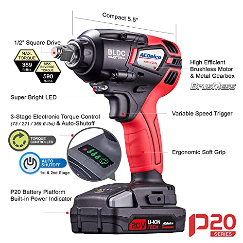 Acdelco Ari20174-Pm P20 Series 20V Cordless Li-Ion 1/2” 369 Ft-Lbs. Heavy Duty Brushless Impact Wrench Tool Kit #TOP1