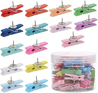 Push Pins With Wooden Clips 50Pcs Wooden Clip Thumbtack for Cork Board Arts Projects Photo Supplies(Colorful)