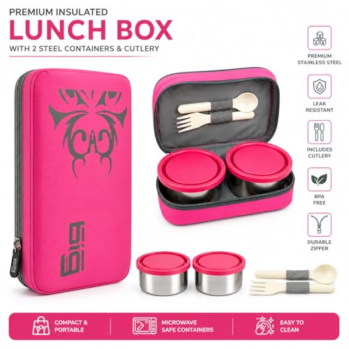 Image of Healthy Lunch Box with Insulated Bag | 2 Containers (2 Stainless Steel) | Leak Proof, Food Grade, Rust Proof Tiffin Box for Office, School & Daily Use || Multiple Colour