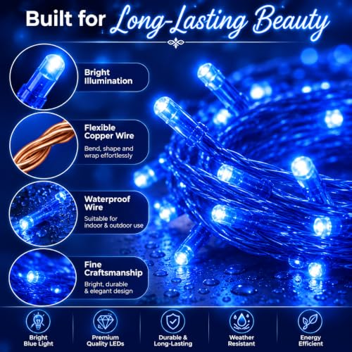 Image of Quace 72 Feet Blue LED Fairy String Lights with 52 LEDs | Flexible Wire Waterproof Decorative Lights for Diwali, Christmas, Wedding, Bedroom, Balcony, Party & Home Decor (1 Pack)
