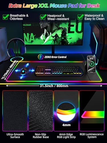 Image of Mouse Pad with Foldable Phone Holder & Wireless Charger, XXL RGB Gaming Mousepad 31.5 inchx15.8 inch Large Desk Mat for Keyboard, Black Desk Pad with Dual Qi Charging Station | 11 Colors 5 Modes | Waterproof