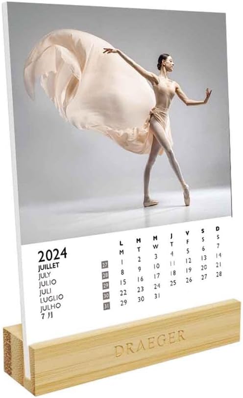 DRAEGER PARIS | Calendar on Base Dance 2024 | 12 x 16.5 cm | Year 2024 | 7 Languages | Monthly Desk Decoration Calendar | Bamboo Base | FSC® Certified Paper | Vegetable Inks