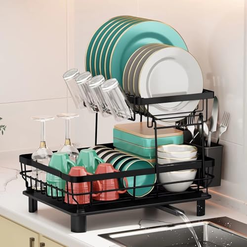 Ashlex 2 Tier Stainless Steel Dish Drying Rack with Cutlery Holder and Drainboard Rust Resistant Kitchen Counter Dish Drainer Storage for Plates Bowls and Cups Black