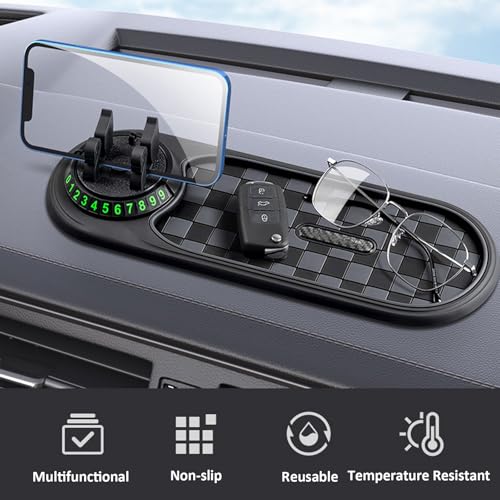 Antirutschmatte Auto, Silikon Auto Antirutschmatte Handy, Multifunktionaler Handyhalter, 360° Drehbar Anti Rutsch Armaturenbrett Matte mit Parknummer Autodekorationen (A)