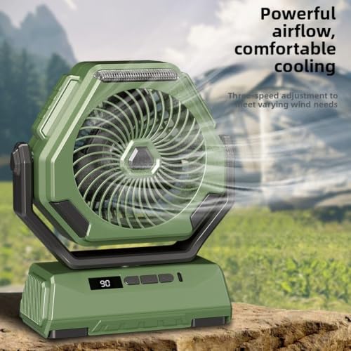 Ventilador de camping recargable con indicador de batería y linterna para senderismo 7