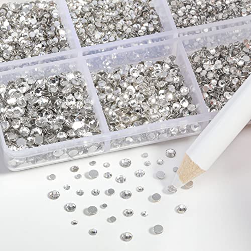 Image of Beadsland Flatback Rhinestones, Crystal, 7200pcs Mixed 6 Sizes | Glass Nail Gems, Round Crystal, With Wax Pencil Kit, SS3-SS10, Clear