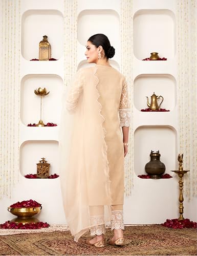 Image of Amazon Brand - Myx Women Embroidered Cotton Kurta Pant Set with Organza Dupatta (Available in Plus Sizes)