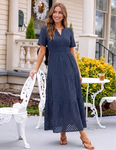 Image of ZESICA Summer Dresses for Women 2026 Casual V Neck Short Sleeve Eyelet A Line Beach Vacation Long Maxi Dresses