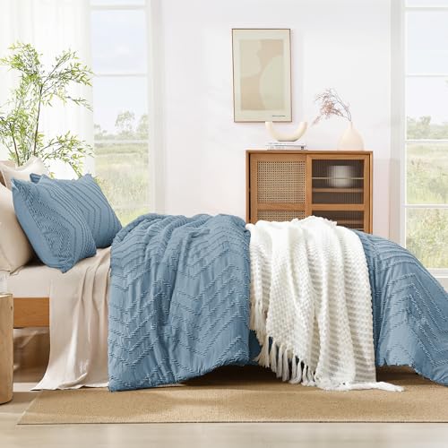 Image of Litanika Boho Queen Comforter Set, 3 Pcs Grayish Blue Lightweight Bedding