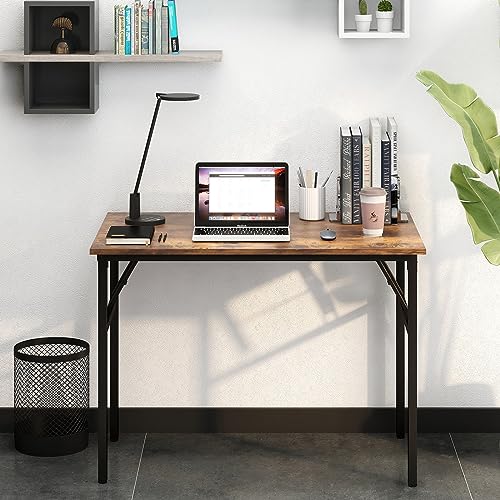 Image of Need Office Computer Desk 39.3 Inch Sturdy Folding Laptop Table Retro | Black Frame Writing Gaming Work Table /Foldable Home Office Desk /Sewing Table, No Assembly Required
