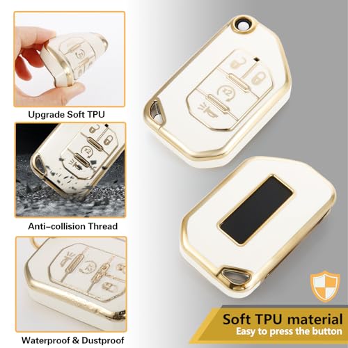 Image of for Jeep Key Fob Cover with Metal Braided Keychain, Upgraded Soft Case for Jeep Wrangler Rubicon Gladiator JL JLU JT Sahara JLU Flip (4 buttons) Fob Shell (Gold, C1)
