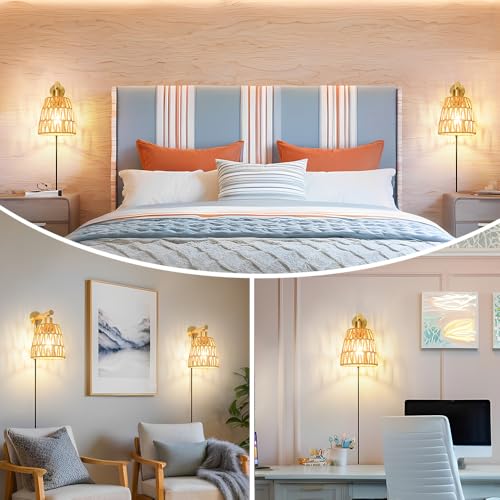 Image of Boho Plug in Wall Sconce Set of 2, Gold Plug Sconces Set of 2, Rattan Sconce Light Fixture with 5.9FT On /Off Switch Cord, Farmhouse Wall Mounted Light for Bedroom Living Room Reading Hallway