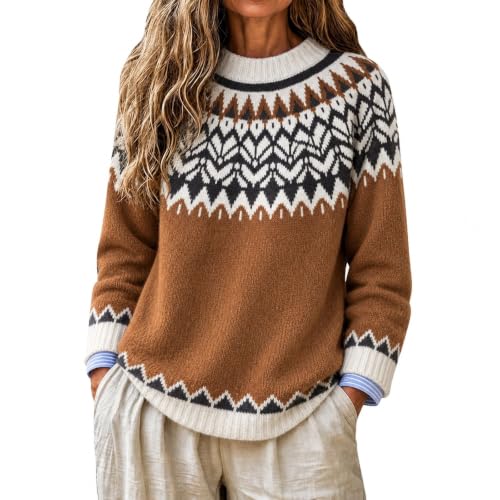 Fair Isle Sweater for Women Vintage Crew Neck Knit Pullover - image 1