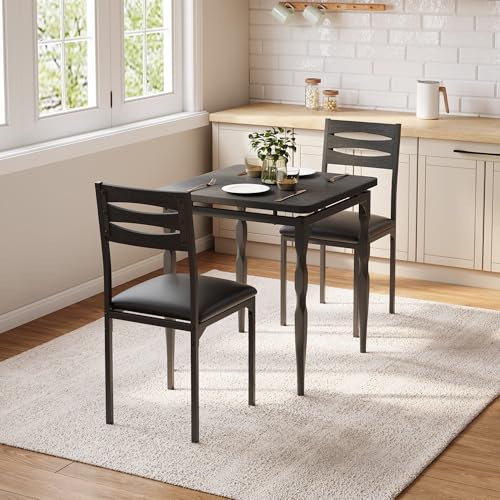 Image of Garvee 3 Piece Dining Table Set, Farmhouse Style Dining Table and Chairs Set for 2, Dining Set for Dining Room Kitchen Apartment, Black