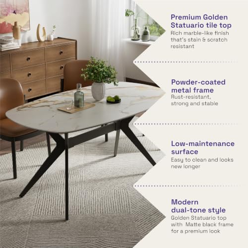 Image of Wakefit Baklava Dining Table - Golden Statuario - 6 Seater I Marble Finish I Vitrified Tile Top I Golden Statuario