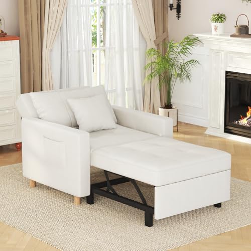 JFHID 36' Sleeper Chair, Convertible Chair Bed for Adults, 3-in-1 Pull Out Sofa Chair with Side Pocket, Pillow and Adjustable Backrest for Small Space, RV, Apartment, Living Room, White