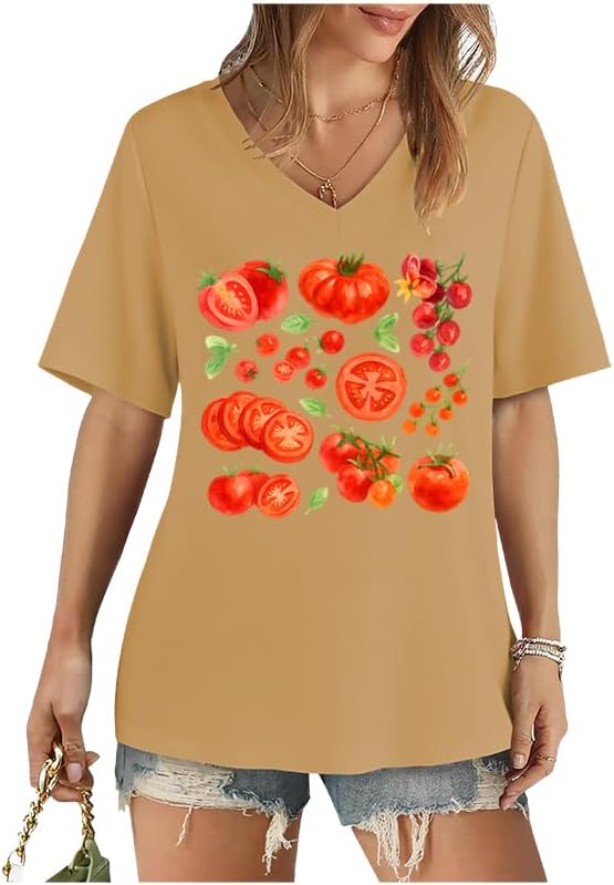 Tomato Tshirt Fruit Tee Shirts Womens Tomato Season V-Neck Shirt Graphic Tees for Women Casual Short Sleeve Tops - Image 3