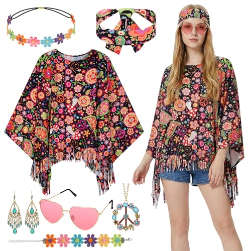 Alintor Hippie Kostüm Damen, 70er Jahre Outfit Damen, Faschingskostüme, Karnevalskostüme, Schlagermove Outfit, Flower Power Kleidung
