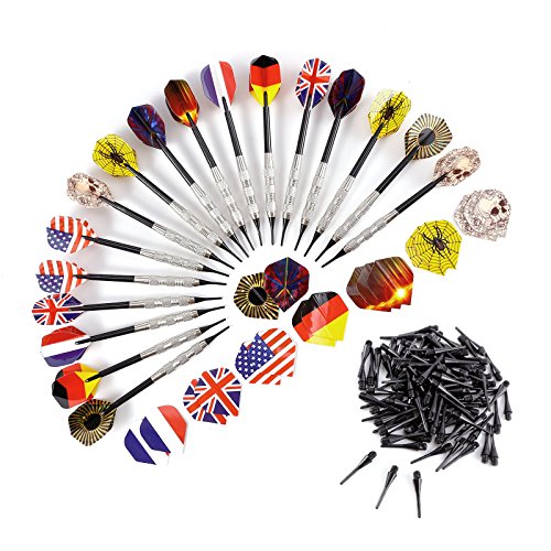 Hamimelon 17pcs Dardos Punta Plastico para Diana Electrónica + 34 Plumas de distinto Dibujo + 100 Puntas Blandas, Barill Plateado Caña Negro Cover