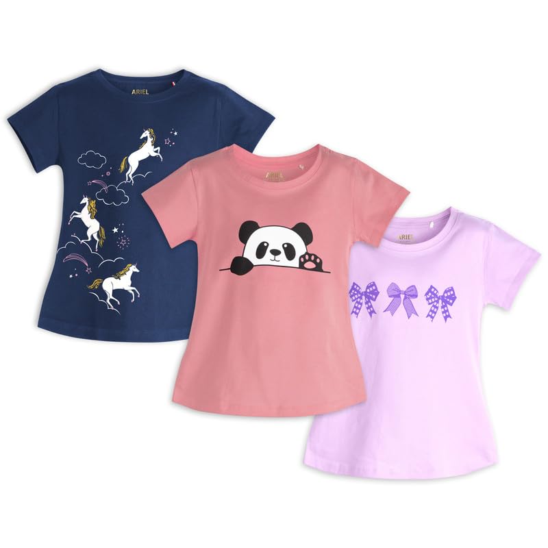 Image of ARIEL Girls Cotton Regular Fit Half Sleeve Cotton T-Shirts - Pack of 3