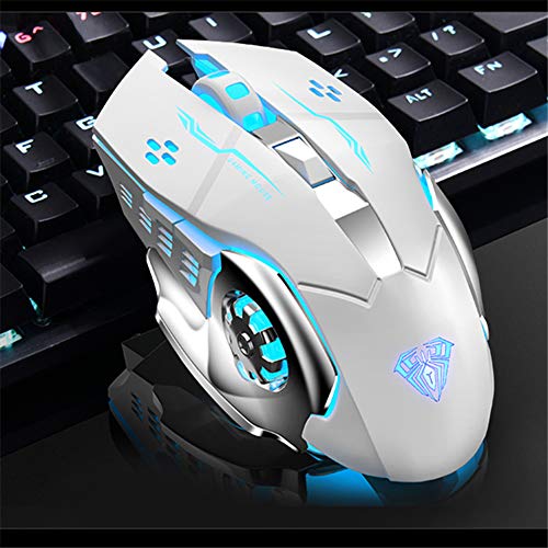 Aula Sc100 Silent White Wireless Mouse Rechargeable, Rgb Led Backlit, Dpi Adjustable, 2.4G Wireless Optical Computer Gaming Mice With Usb Receiver, Punk Cool Mouse For Office/Games #TOP2