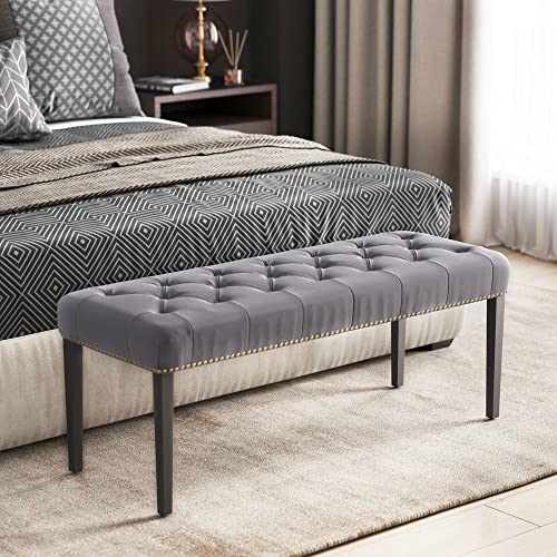 BELLEZE Moderna otomana rectangular de 47 pulgadas con patas, banco tapizado de lino con ribete de cabeza de clavo, reposapiés para sala de estar, dormitorio, decoración de entrada, Milton (gris)