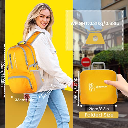 Image of ZOMAKE Lightweight Packable Backpack - 35L Light Foldable Hiking Backpacks Water Resistant Collapsible Daypack for Travel(Yellow New) | Light Hiking Backpacks Water Resistant Collapsible Day Pack for Travel, Everyday Carry, Multi-Pocket Layout, Heavy Duty Nylon