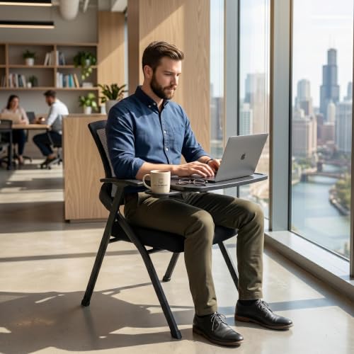 Image of [2 Pack] Folding Conference Room Chair with Writing Board & Cup Holder | Heavy-Duty Nesting Training Chairs,Mesh Back,Padded Seat,Comfy Foldable Office Guest Chairs,Seminar Meeting, Classroom