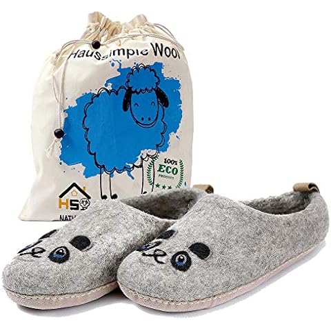 HAUSSIMPLE Wool Slippers for Men Women Unisex Indoor House Cozy Warm Bedroom Slip-On Winter Soft Comfy Shoes Ladies Gents Organic Natural Sheep Wool Fuzzy Eco-Friendly Footwear (Gray Panda, 8.5) Cover