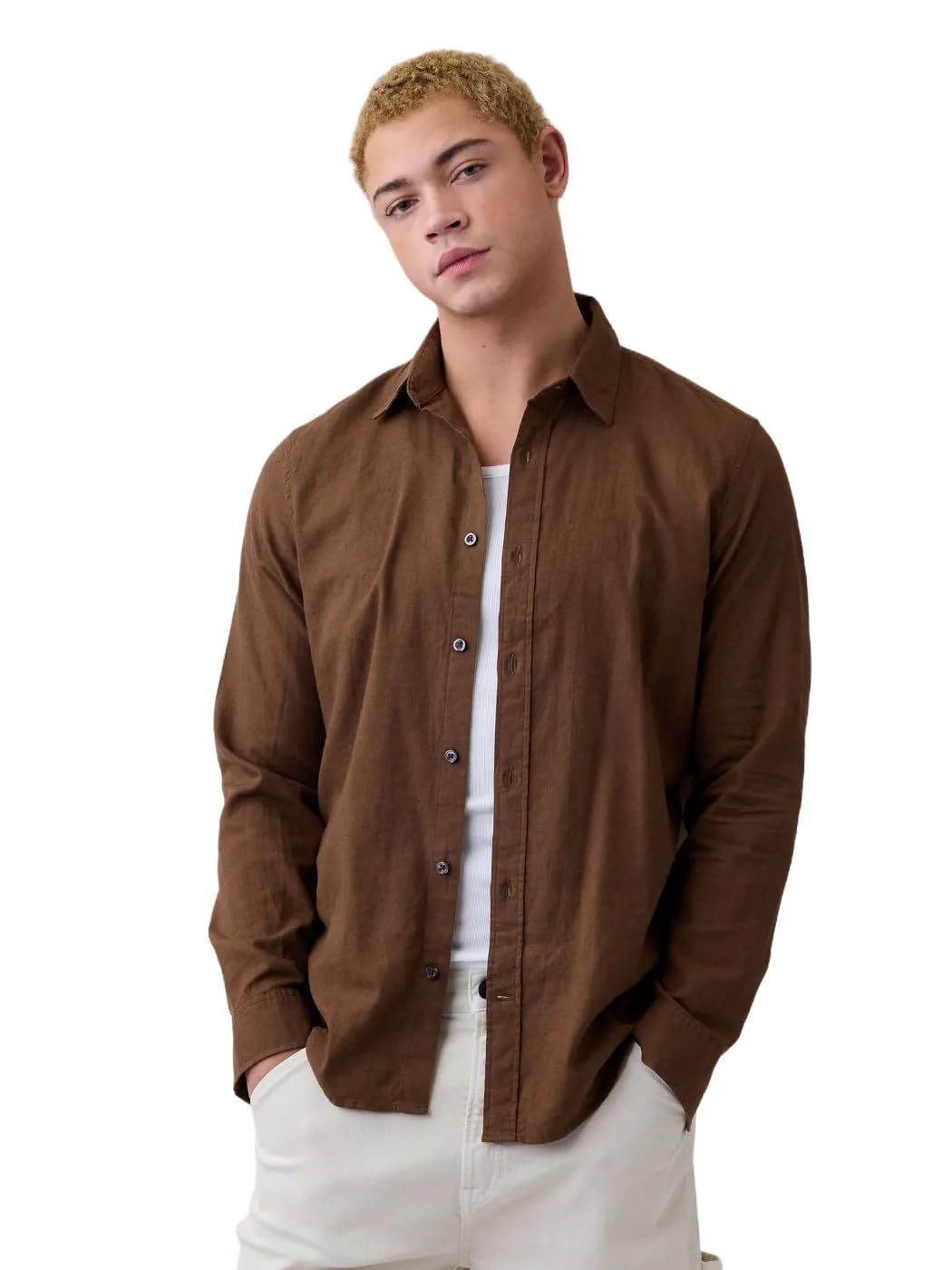 

                                                    GAP Mens Linen Long Sleeve Shirt Standard Fit Buff