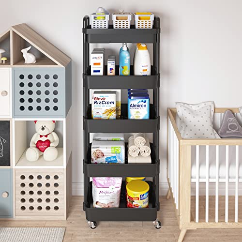 Image of Calmootey 5-Tier Utility Cart with Drawer & Wheels, Storage for Home,Office | Space-Saving Organizer, Sturdy Plastic Shelves, Smooth-Rolling Metal Wheels, Built-in Drawer for Small Items, Black
